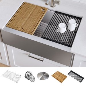 lot 3031 image: KRAUS Workstation 33-inch Farmhouse Flat Apron Front 16 Gauge Single Bowl Stainless Steel Kitchen Sink with Accessories - RETAIL $450