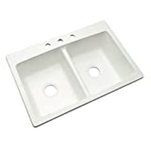 lot 3036 image: Dekor Sinks 60300NSC Woodbridge Composite Double Bowl Kitchen Sink with Three Holes, 33-Inch, White Natural Stone - RETAIL $130