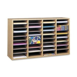 lot 3101 image: Safco Medium Oak Wood Adjustable Literature Organiser With 36 Compartment