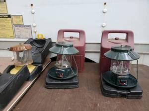 lot 6531 image: 3 Lanterns - Lot of 2 Electronic Ignition Coleman Lamp and Pyrex Lantern