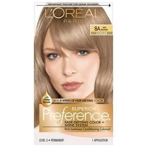 lot 1566 image: LOreal Paris Superior Preference Fade-Defying Shine Permanent Hair Color, 8A Ash Blonde, 1 kit