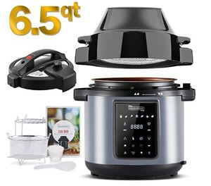 lot 62 image: MICHELANGELO 6.5 QT Air Fryer Combo Pressure Cooker, All-in-1 Pressure Cooker with Air Fryer - Two Detachable Lids for Pressure Cooker, Air Fryer, Rice, Slow Cooker, Steamer & Warmer, Air Fryer Pressure Cooker Combo 6.5 Quart, Large Pressure Fryer