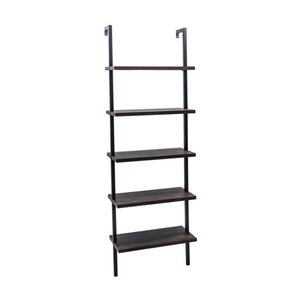 lot 5967 image: Nathan James Theo 5-Shelf Ladder Bookcase Rustic Dark Walnut Brown Wood Black Metal Frame