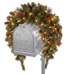 lot 6565 image: National Tree 3 Crestwood Spruce Mailbox Cover with Silver Bristle, Cones, Red Berries, Glitter and Battery Operated LEDs