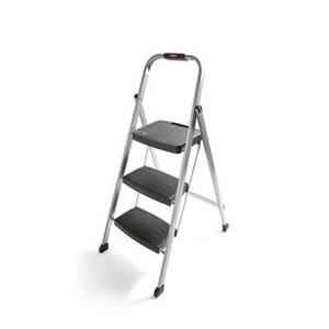 lot 7977 image: Rubbermaid 3-Step Steel Frame Stool with Hand Grip and Plastic Steps, 200-Pound Capacity, Silver Finish