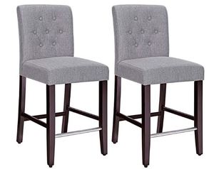 lot 4577 image: SONGMICS Set of 2 Counter Stools Kitchen Breakfast Chairs, with Button Tufted Backrest, Linen-Style Fabric, Solid Wood Legs, with Footrest, Dark Gray , Seat height 24