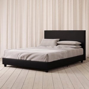 lot 812 image: Mainstays Upholstered Bed, Full Bed Frame, Black Faux Leather