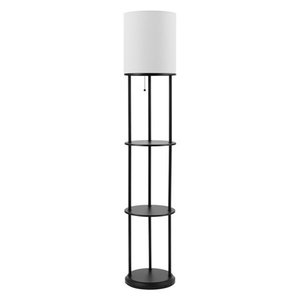 lot 1261 image: Reid 57.5 Matte Black Shelf Floor Lamp with White Linen Shade