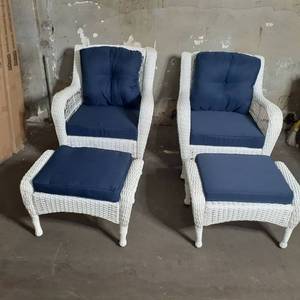 lot 4857 image: Pair of White Wicker Style Patio Chairs with Ottomans