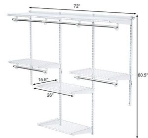 lot 1226 image: Tangkula Custom Closet Organizer System, Wall Mounted Closet System with Hanging Rod, Metal Hanging Storage Organizer Rack Wardrobe with Shelves, Adjustable Closet Organizer Kit for Bedroom (White)