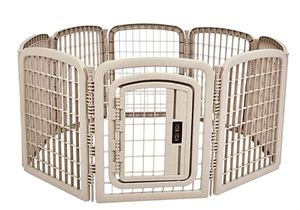 lot 7223 image: AmazonBasics 8-Panel Plastic Pet Pen Fence Enclosure With Gate - 59 x 58 x 28 Inches, Beige