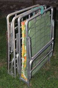 lot 1111 image: (2) Super Cool Vintage Aluminum Folding Outdoor Sleeping Cots w (1) Sleeping Cushion