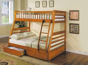 lot 10518 image: Acme 02018 Jason TwinFull Bunk Bed with Drawers, Honey Oak Finish