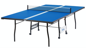 lot 10528 image: OOLA Envoy Indoor Table Tennis Table with Ping Pong Net and Post Set, 15mm Surface, Regulation Size 9 x 5, Blue (Surface), Black (Undercarriage)