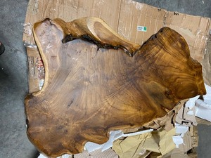 lot 10615 image: StyleCraft Natural Wood Edge Teak Coffee Cocktail Table Clear Lacquer Finish  UPDATED STATUS.  NO legs, only Wood slab