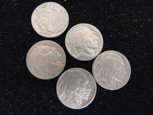 lot 1137 image: Buffalo Nickels - 5 - 1937 - (1) D and (1) S mint Mark -