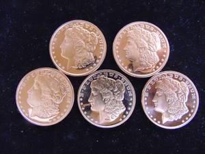 lot 1185 image: 5 - 1 oz. .999 Copper Coins - With Morgan Design