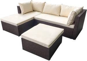 lot 5071 image: AmazonBasics Outdoor Patio Garden 3-pc Wicker Rattan Sectional Sofa Lounge Set with Cushions and Ottoman (Brown)