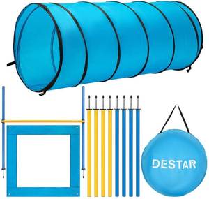lot 5083 image: DEStar Dog Agility Equipment Pet Obstacle Training Course Kit with Tunnel Adjustable Hurdles Poles Carry Bag