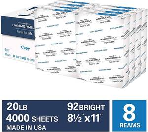 lot 5102 image: Hammermill 20lb Copy Paper, 8.5 x 11, 8 Ream Case, 4,000 Sheets, Made in USA, Sustainably Sourced From American Family Tree Farms, 92 Bright, Acid Free, Economical Multipurpose Printer Paper, 113640C