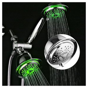 lot 5170 image: DreamSpa All Chrome 3-way LED Shower Head Combo with Air Jet LED Turbo Pressure-Boost Nozzle Technology. Color of LED lights changes automatically according to water temperature