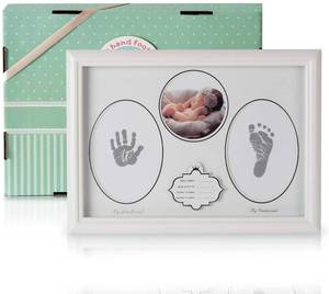 lot 5343 image: Baby Picture Frame Handprint Footprint Kit First Year Keepsake Photo White Wooden Ink Newborn Boys