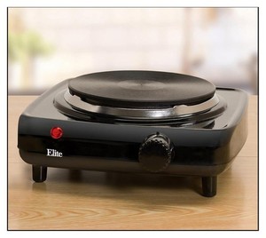 lot 1123 image: Maxi-Matic Single Electric Flat Cast Iron Heating Plate Burner Power Indicator Light, Non-Skid Feet, Easy To Clean, 1000 Watts, Black