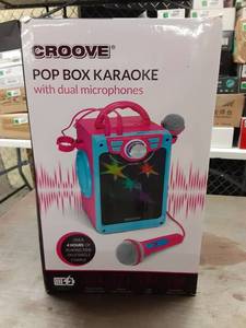 lot 1169 image: Croove POP Box Karaoke Machine for Kids with 2 Microphones and Flashing Disco Lights (Pink)