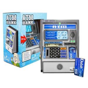 lot 1177 image: Ben Franklin Toys Kids Talking ATM Machine Savings Piggy Bank with Digital Screen, Electronic Calculator That Counts Real Money, and Safe Box for Kids, Silver