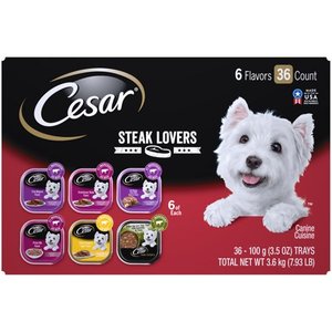 lot 1184 image: CESAR Soft Wet Dog Food Classic Loaf in Sauce Steak Lovers Variety Pack with Real Meat, (36) 3.5 oz. Easy Peel Trays