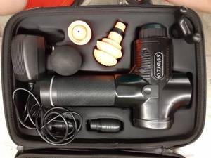 lot 1241 image: Handheld Percussion Massage Gun - Deep Tissue Massager for Sore Muscle and Stiffness - Quiet, 30 Speed High-Intensity Vibration - Quick Rechargeable Device - Includes 6 Massage Heads (Black)