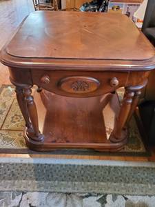 lot 2017 image: Wooden Side Table. With Drawers and Lower Shelf. CONTENTS ARE NOT INCLUDED