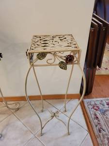 lot 2024 image: 28 Tall Cream Plant Stand with Rose and Vine Pattern&nbsp