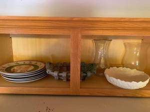 lot 6647 image: Shelf above Fridge in Kitchen Santa Plates Woven Basket Hallmark Ceramic Bowl