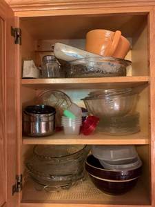 lot 6648 image: Contents of Cabinet in Kitchen Including Pottery Bowl Casserole Dishes Batter Bowl Mixing Bowls Cheese Shakers