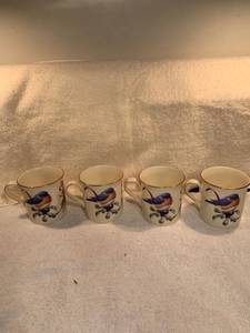 lot 6708 image: Set of 4 Lenox Winter Greetings Easyern Bluebird Mugs By Catherine McClung Location Kitchen Corner Cabinet