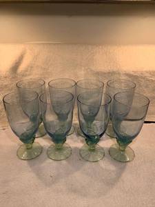 lot 6710 image: Set of 8 Blue and Green Crystal Glasses Location Kitchen Cabinet