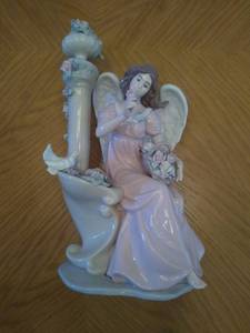 lot 6747 image: Porcelain Angel Near Fountain with Flower Basket