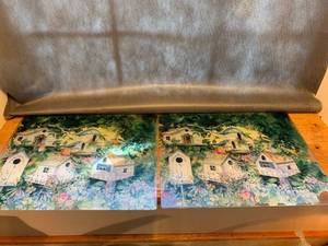 lot 6801 image: Pair of Glass Surface SaversCutting Boards With Birdhouses Location kitchen