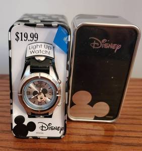 lot 5904 image: Bleck Leather and Chrome Watch with Mickey Mouse Lights Up.