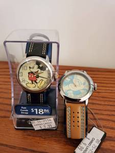 lot 5944 image: Lot of 2 Mickey Mouse Watches. Baby Blue and Tan Leather. and 1 with Fun Comic Strap