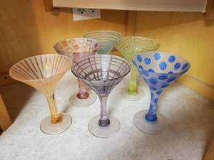 lot 7773 image: Fogged Mosaic Colorful Martini Glasses - 6 Glasses