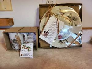lot 7808 image: Marjolein Bastin Decorative Plate and Hallmark Mug and Tea Set