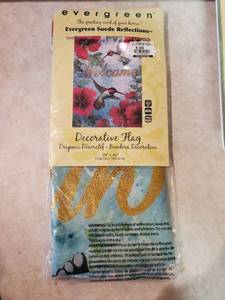 lot 7837 image: Evergreen Hummingbird and Hollyhock Suede House Flag, 43 x 29 inches #13S3628BL