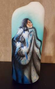 lot 8643 image: Hand Painted Signed Floral Vase with Native Theme. By Redbird