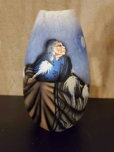 lot 8644 image: Ceramic Native Themed Floral Vase . Handpainted and Signed by Redbird