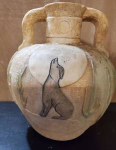 lot 8655 image: Native American Folk Art Pot Pottery Vase. Coyote .Rare .Handles. Clay Hand Painted
