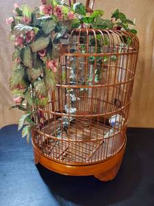 lot 8670 image: Awesome Chinese Wooden Birdcage with Crane Etching. Small Blue and White Feeder with Dragon Design.