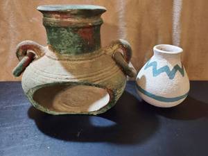 lot 8672 image: Lot of 2 Ceramic Vases. 1 Candle Holder Pot with Handles. 1 Small white and Green