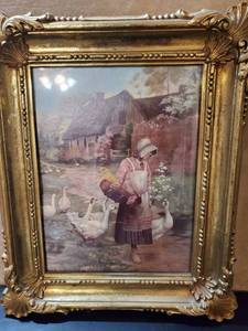 lot 8680 image: Print of Woman with Floral Basket with Geese Following. In Plastic Frame